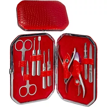 10 Piece Stainless Steel Manicure Set - Red 'Croc' Finish