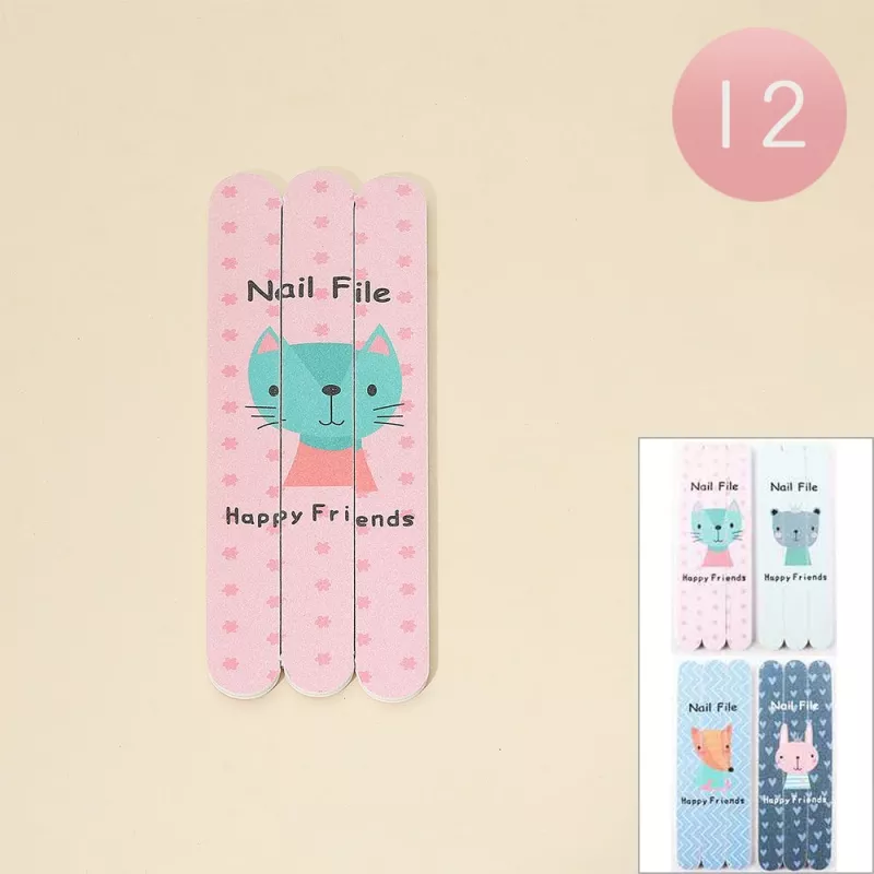 12 Set Of 3 - Animal Happy Friends Message Printed Nail Files