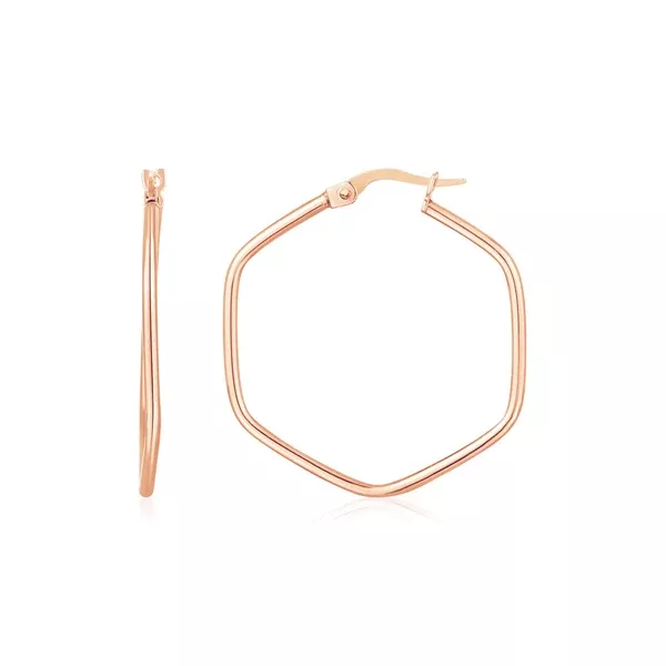 14K Rose Gold Hexagon Hoop Rounded Edge Earrings