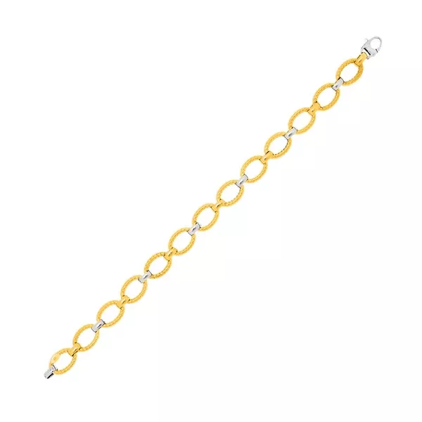 14k Two-Tone Gold Chain Bracelet with Textured Oval Links (6.35 mm)