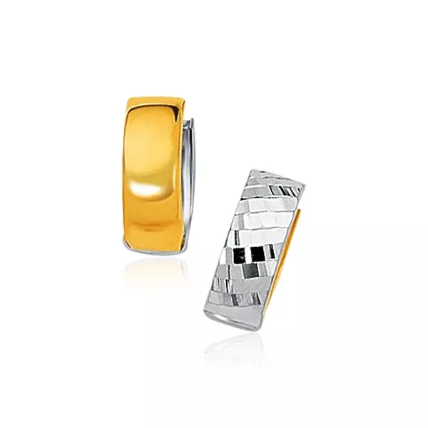 14k Two-Tone Gold Polished and Textured Hoop Style Earrings