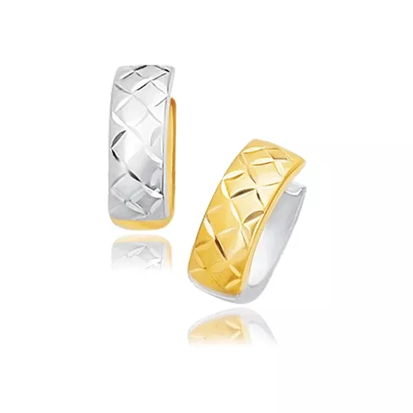 14k Two-Tone Gold Reversible Quilted Hinged Hoop Huggie Earrings