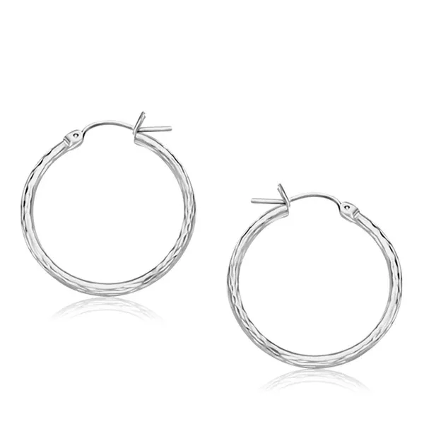 14k White Gold Diamond Cut Hoop Earrings(2x25mm)