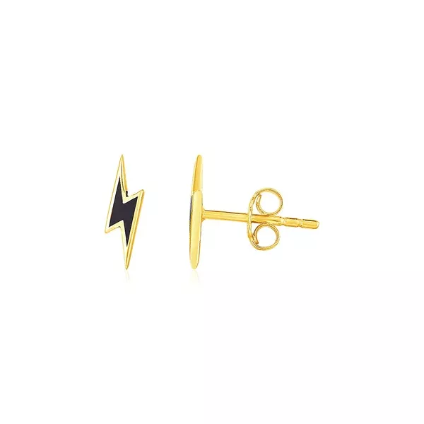 14k Yellow Gold and Enamel Black Lightning Bolt Stud Earrings