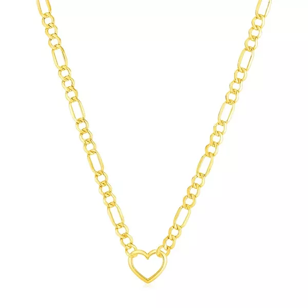 14k Yellow Gold Figaro Chain Necklace with Heart