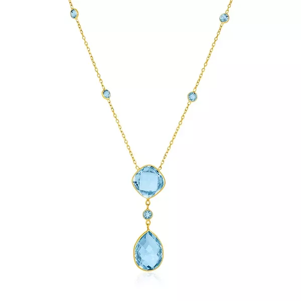 14k Yellow Gold Necklace with Pear-Shaped and Cushion Blue Topaz Briolettes
