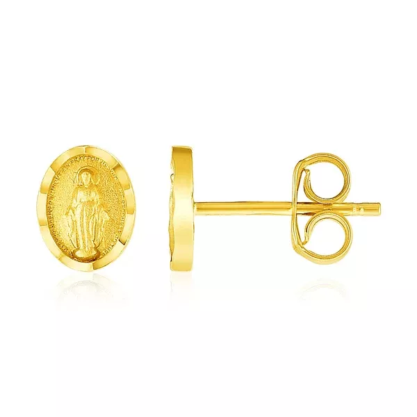 14k Yellow Gold Oval Religious Medallion Post Earrings
