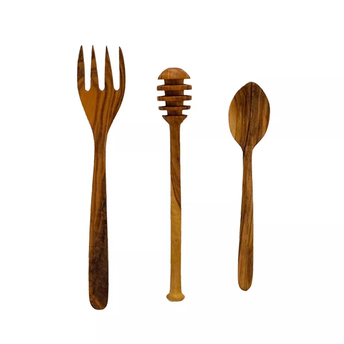 Lava Cast Iron Mini Utensil Set - 3 Piece Olive Wood Handle Spoon Fork Honey Spoon