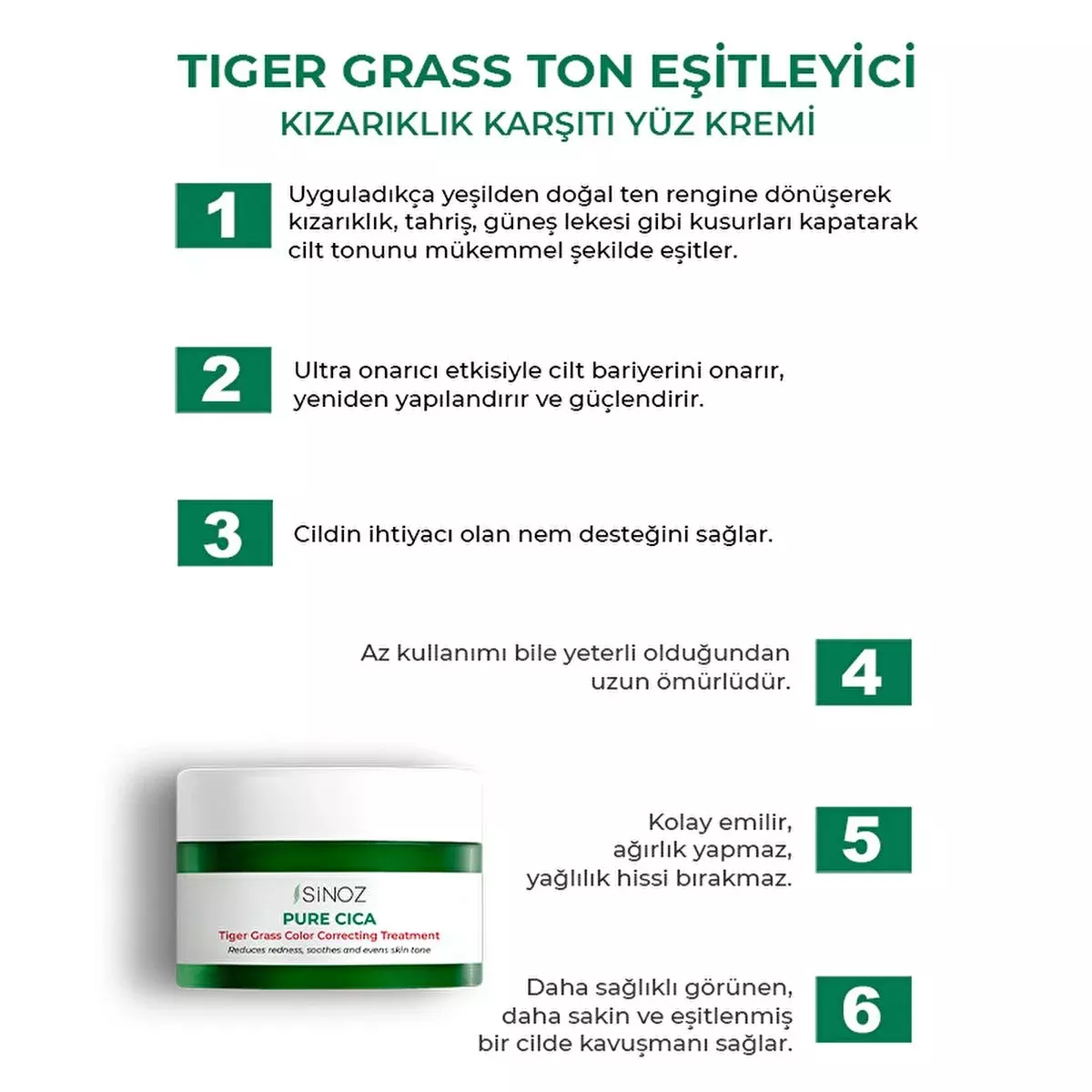 Sinoz Pure Cica Tiger Grass Facial Cream - Redness Relief, Tone Correction, Sensitive Skin Soothing, and Barrier Repair - Centella Asiatica