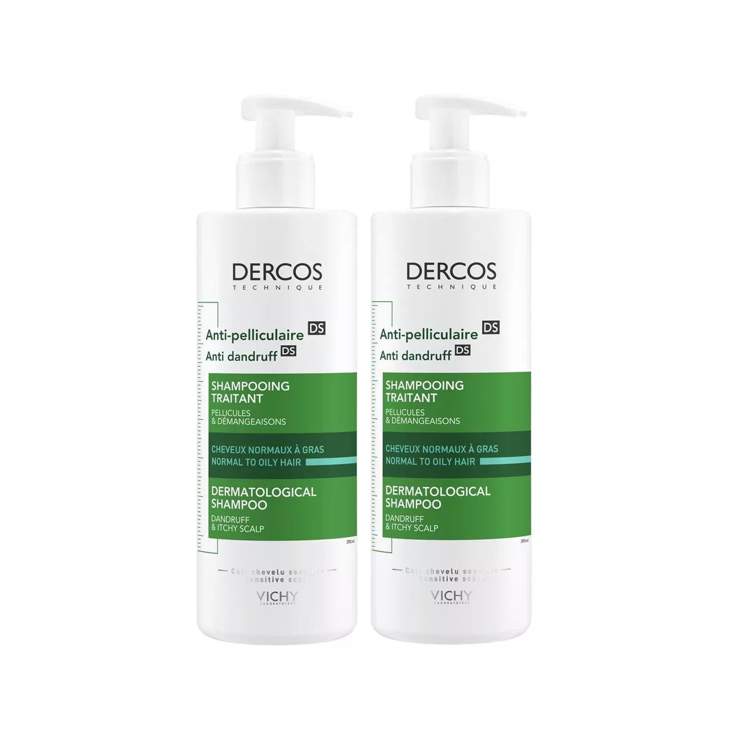 Vichy Dercos Anti-Dandruff Shampoo for Normal to Oily Hair - 2 x 390ml - Dermatologically Tested